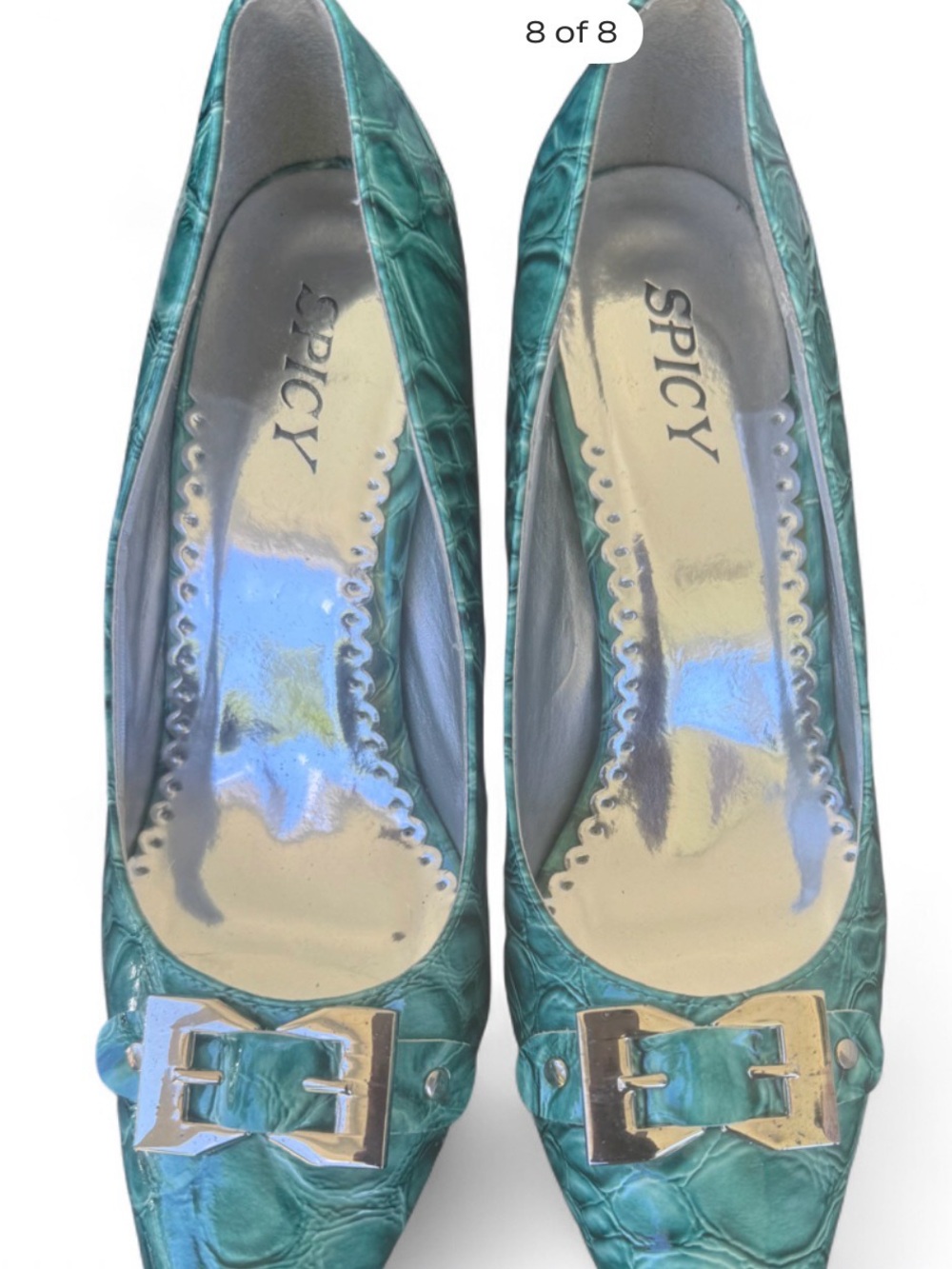 Spicy Teal Faux-Croc Buckle Pointed Flats
